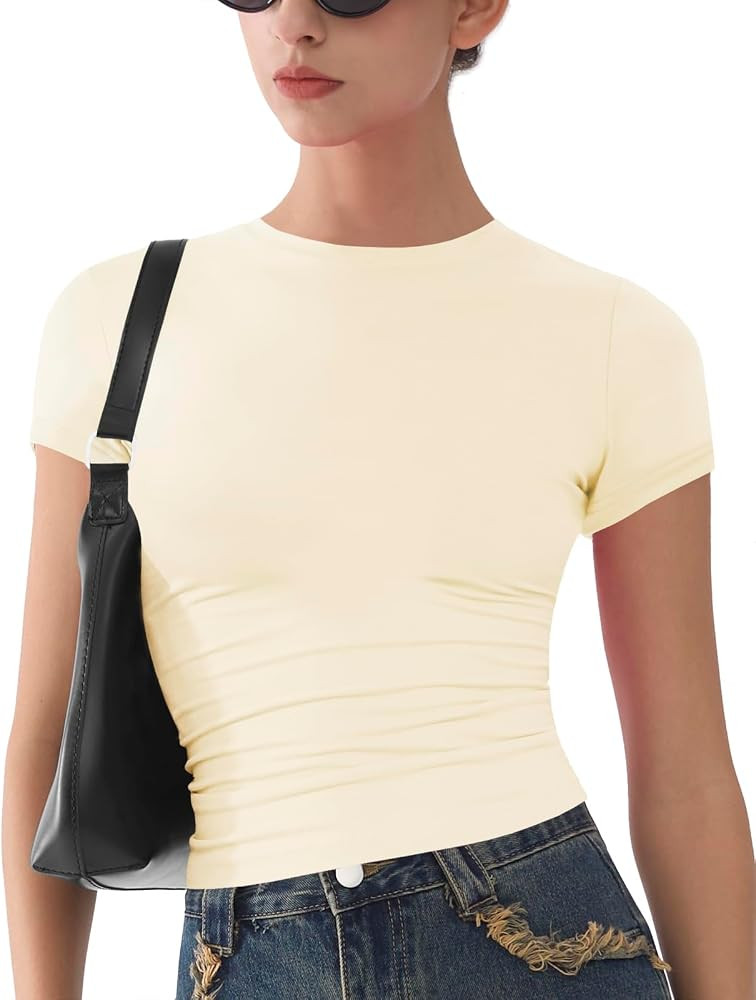 Womens Basic Short Sleeve Slim Fit T Shirts Soft Crewneck Crop Y2k Tees Summer Stretchy Cute Tops | Amazon (US)