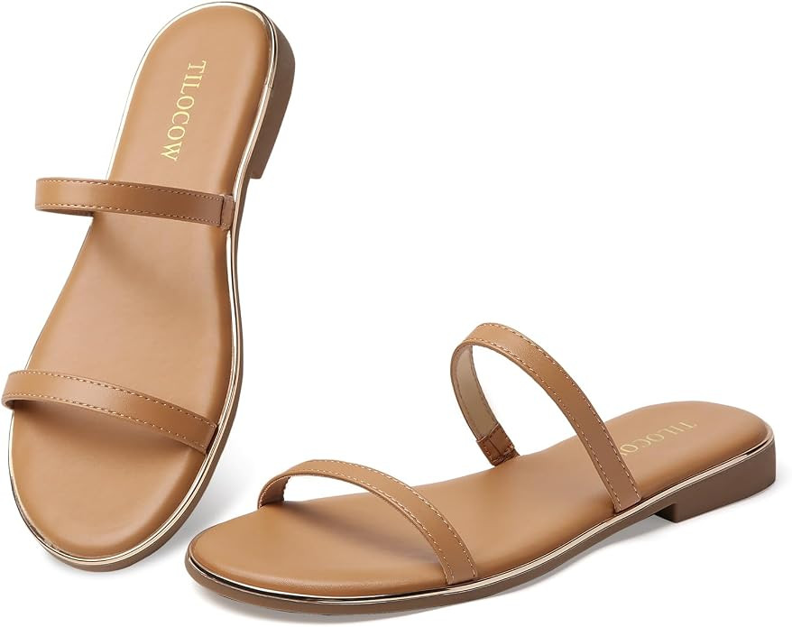 Tilocow Strappy Flat Sandals for Women Dressy Comfortable Round Toe Slides Fashion Summer Shoes | Amazon (US)