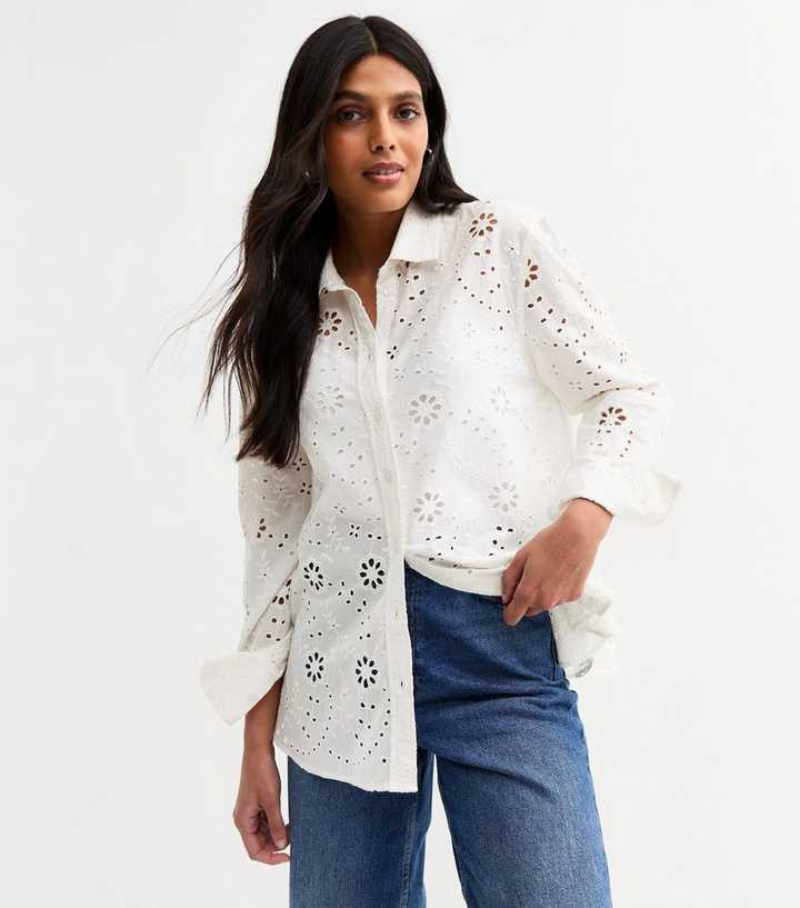 White Broderie Anglaise Long Sleeve Shirt | New Look | New Look (UK)