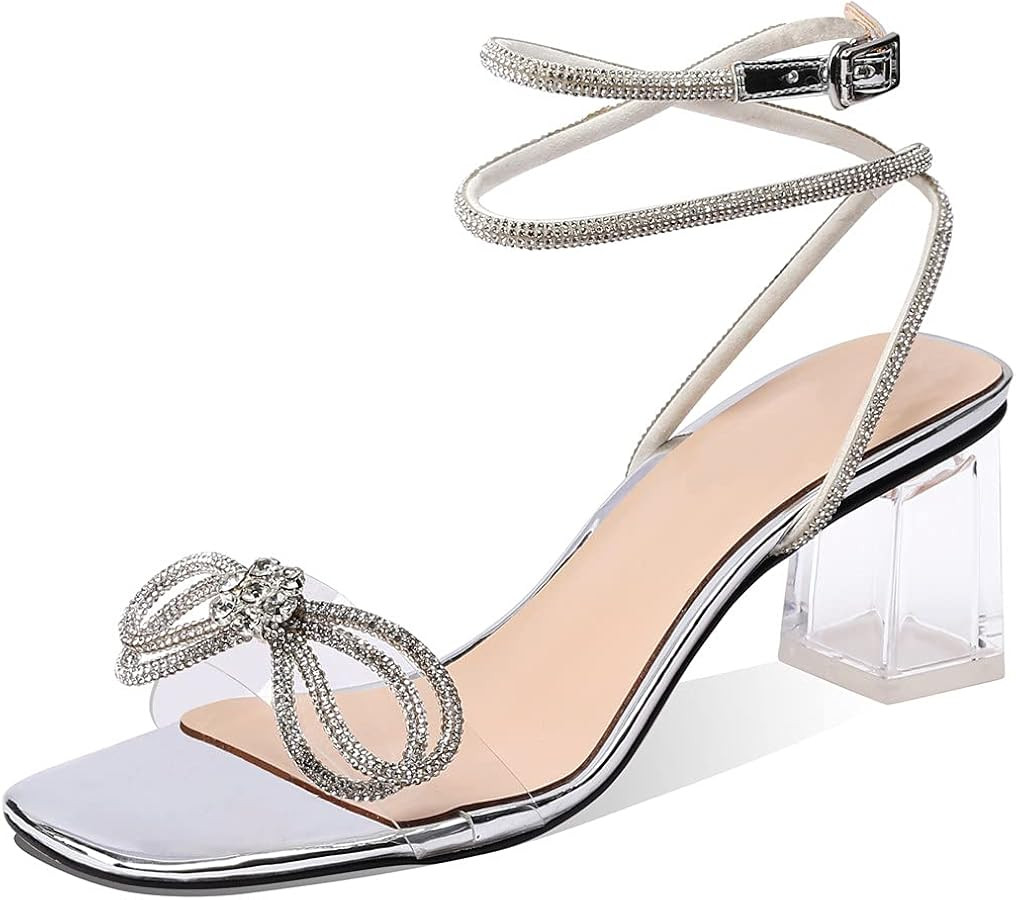Jimishow Silver Rhinestone Heels for Women Clear Chunky Heels Double Rhinestone Bow Heeled Sandal... | Amazon (US)