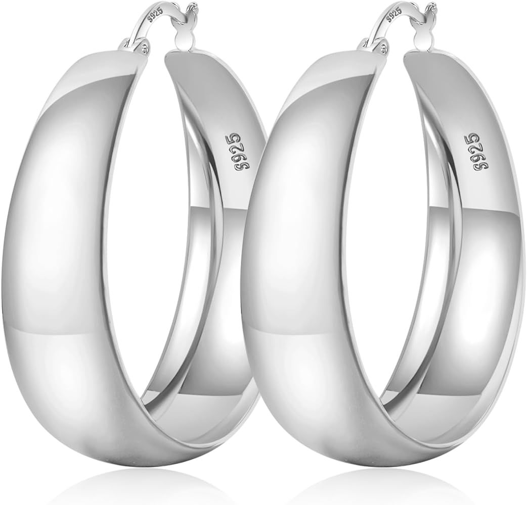 EXGOX Gold Hoop Earrings for Women Sterling Silver Post Hoops Earrings for Women Wide Thick Silve... | Amazon (US)