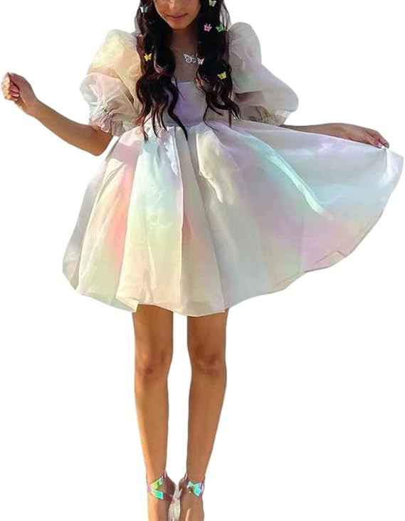 Women Off Shoulder Puff Sleeve Tulle Dress Square Neck Fairy Mini Dress Tie Dye Princess Party Pr... | Amazon (US)