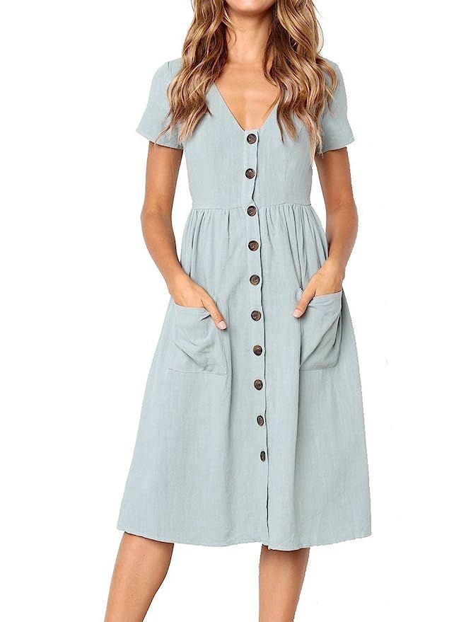 Voopptaw Women Casual Short Sleeve V Neck Button A-line Midi Dress with Pockets | Amazon (US)
