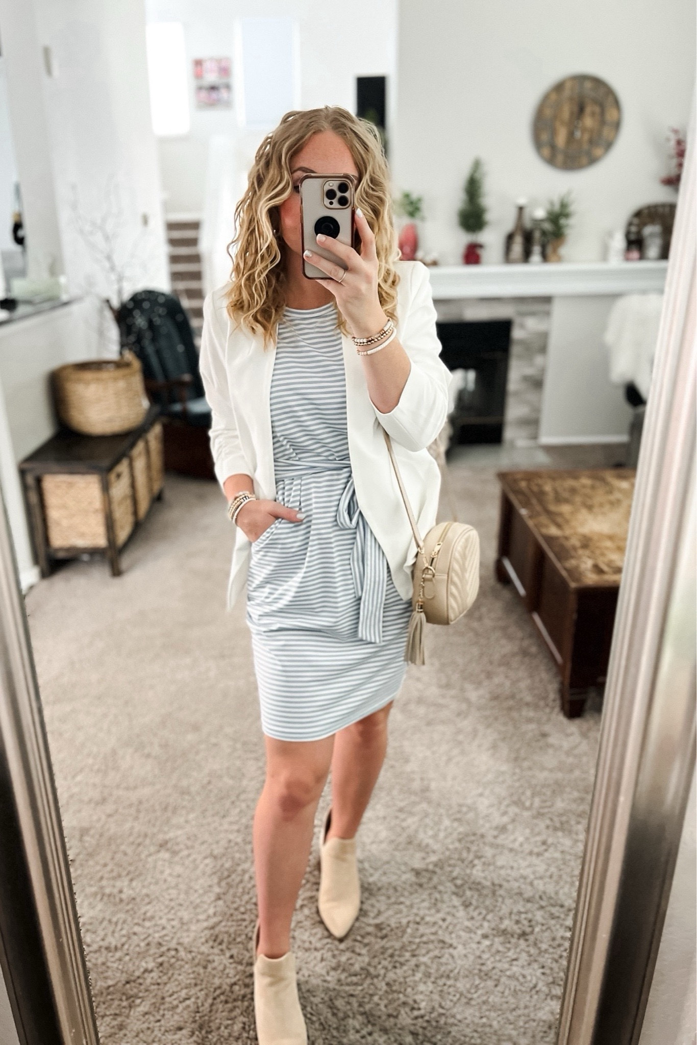 Summer work outfit with a blue and white striped dress, white blazer, nude purse, and elevated ankle boots.  Grab your regular size with everything. 

// Summer outfits 2024, mom outfit ideas, summer outfit amazon, Amazon outfit ideas, casual outfit ideas, spring outfit inspo, casual fashion, amazon summer fashion, amazon casual outfit, cute casual outfit, outfit inspo, outfits amazon, outfit ideas, amazon shoes, Amazon bag, purse, size 4-6, casual summer outfits, casual outfit ideas everyday, summer fashion #ltkfindsunder100 #ltksalealert

#LTKStyleTip #LTKFindsUnder50 #LTKWorkwear