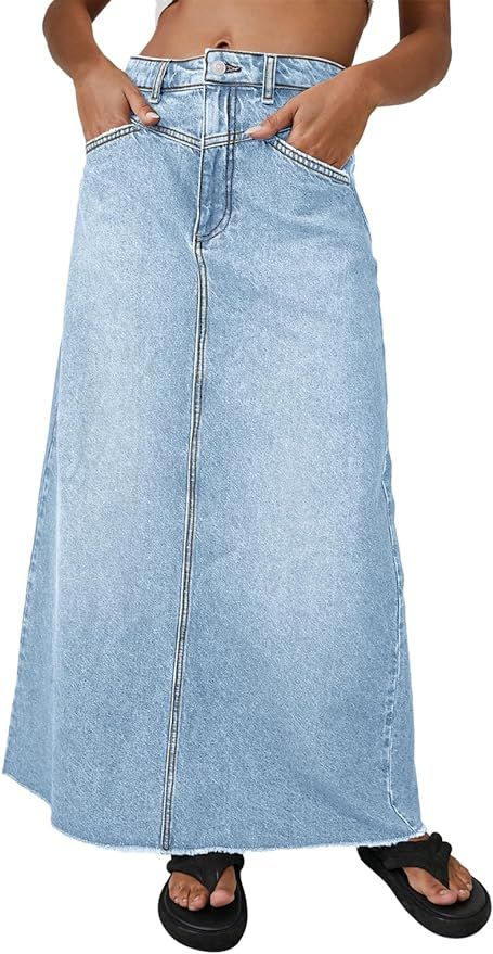 Fisoew Women's Vintage Denim Maxi Skirt Casual High Waist A-Line Frayed Hem Long Jean Skirt with ... | Amazon (US)