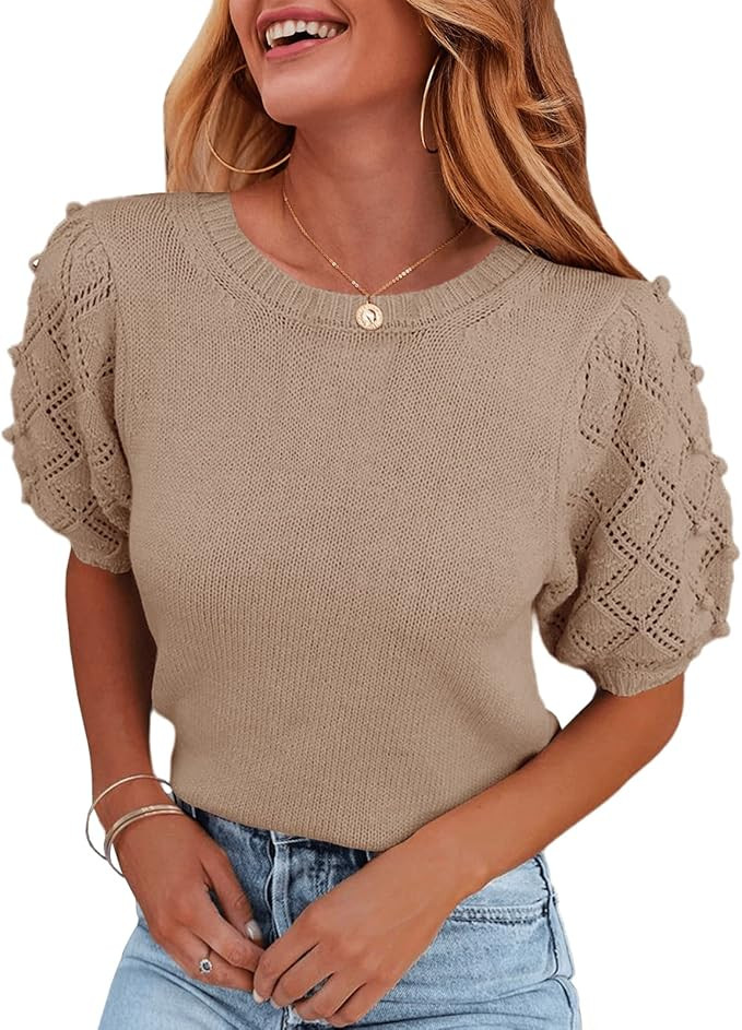 Ybenlow Fall Sweaters for Women Puff Short Sleeve Tops Crew Neck Cable Knit Sweater Pullover Blou... | Amazon (US)