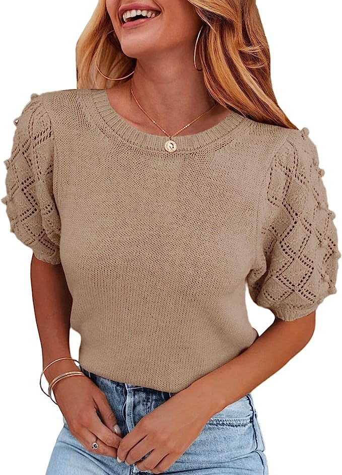 Ybenlow Fall Sweaters for Women Puff Short Sleeve Tops Crew Neck Cable Knit Sweater Pullover Blou... | Amazon (US)