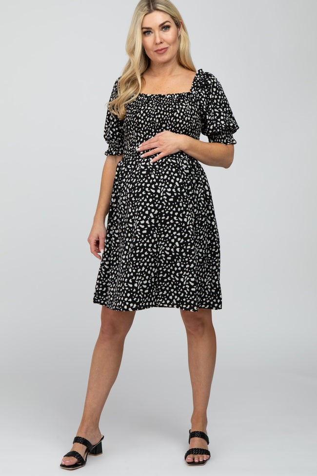 Black Printed Puff Sleeve Maternity Dress | PinkBlush Maternity