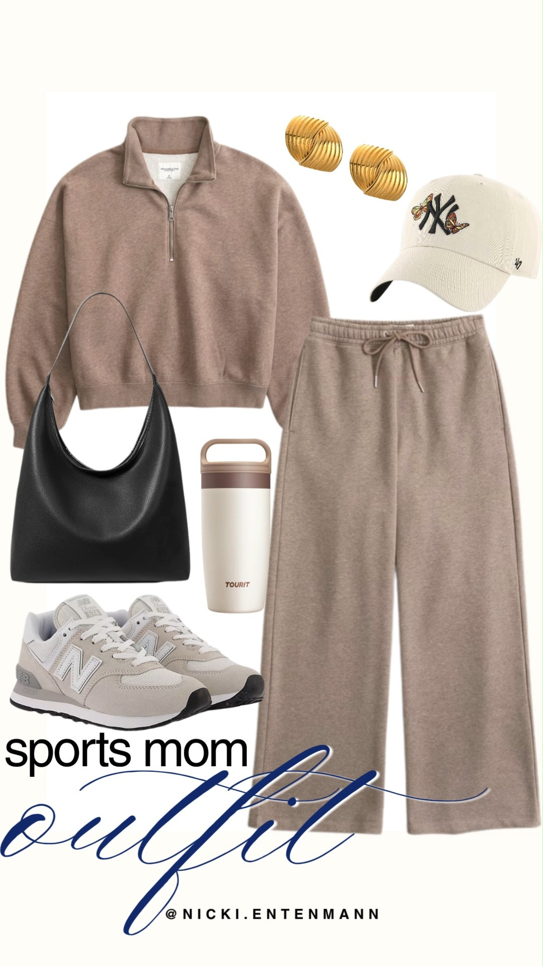 Stay comfortable and polished on game day with this sports mom outfit featuring a matching taupe quarter-zip pullover and wide-leg drawstring sweatpants set. Style it with classic light grey New Balance sneakers, a black slouchy shoulder bag, a beige NY Yankees baseball cap, gold ribbed earrings, and a sleek travel tumbler. It is the perfect cozy yet chic ensemble for cheering from the sidelines in style.

#sportsmom #momstyle #athleisure #casualoutfit #sidestyle #cozystyle #outfitinspiration #everydayfashion 

 #LTKootd #LTKmomlife #LTKTravel