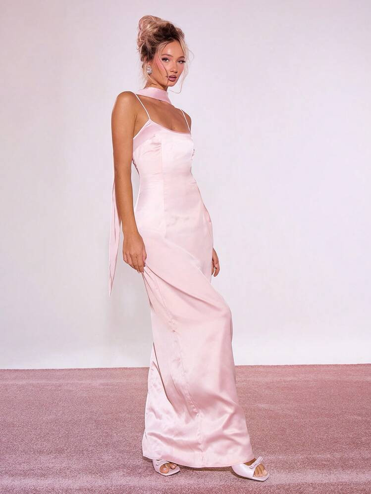 MUSERA Solid Slip Maxi Holiday Party Dress With Scarf Vacation Summer | SHEIN