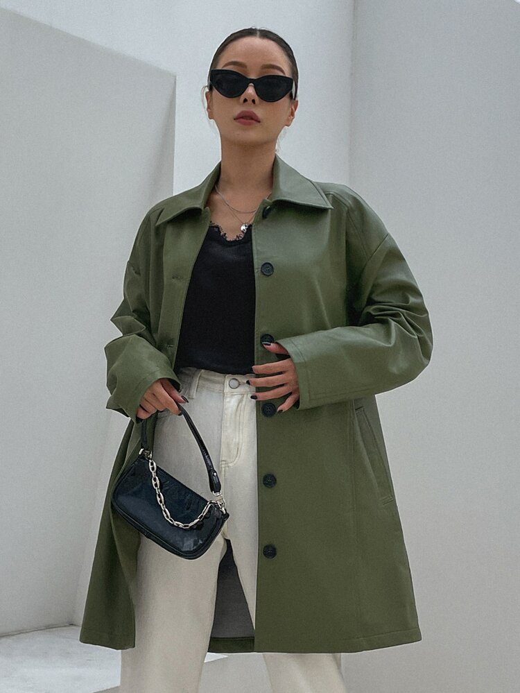 DAZY Drop Shoulder Button Up PU Coat | SHEIN