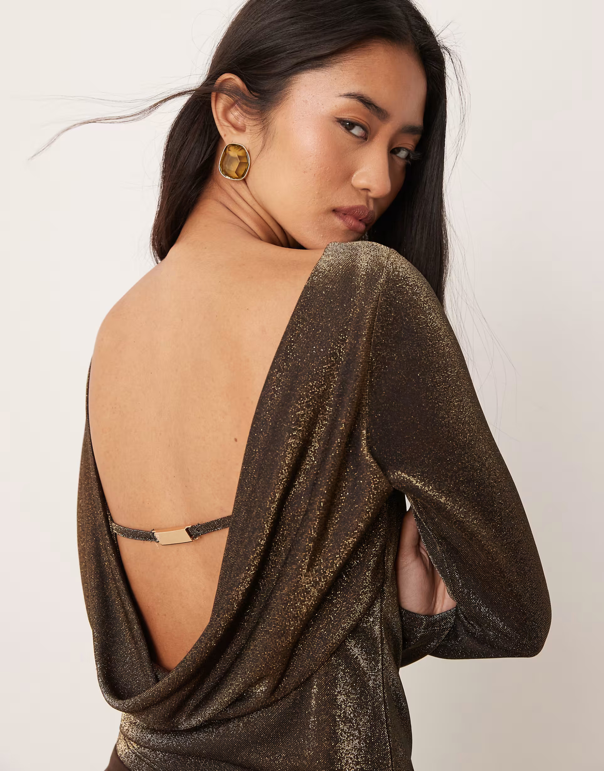 Abercrombie & Fitch long sleeve cowl back top in gold sparkle | ASOS (Global)