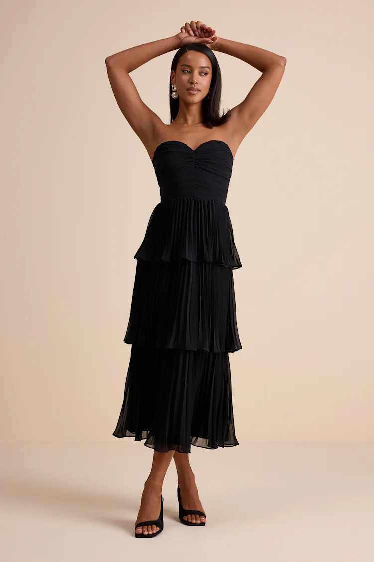 Seriously Sensational Black Strapless Tiered Midi Dress | Lulus