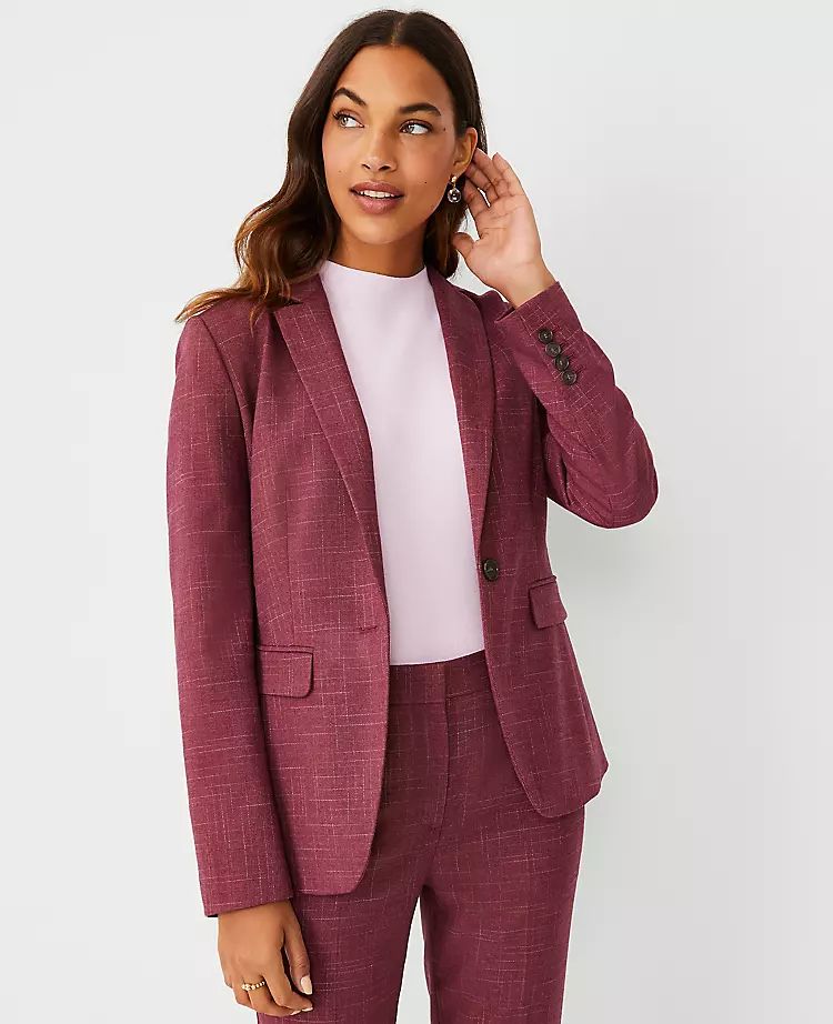 The Notched Long One Button Blazer in Cross Weave | Ann Taylor | Ann Taylor (US)