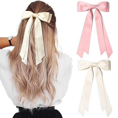 2PCS Silky Satin Hair Bows Hair Clip Beige Pink Hair Ribbon Ponytail Holder Accessories Slides Me... | Amazon (US)