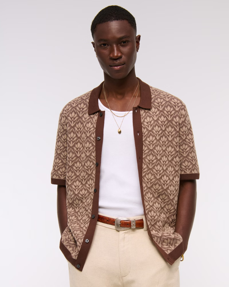 Jacquard Pattern Button-Through Sweater Polo | Abercrombie & Fitch (US)