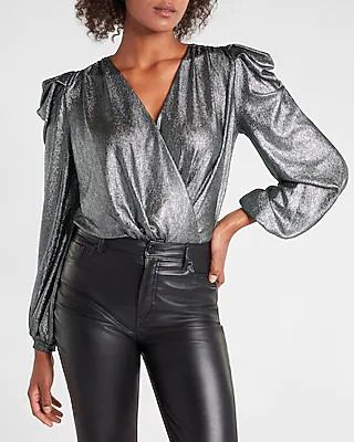 Metallic Draped V-neck Long Sleeve Thong Bodysuit | Express