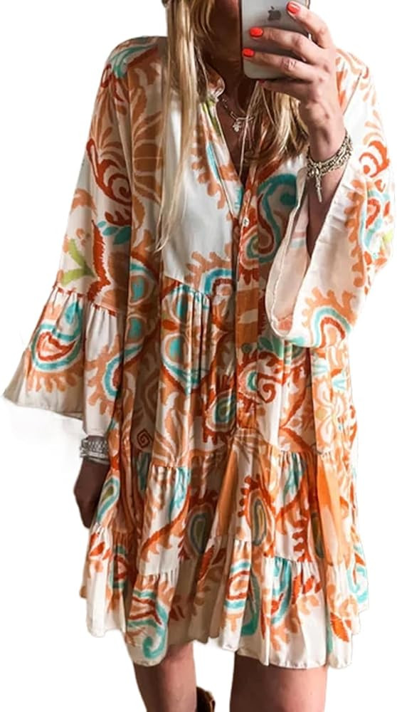 SELINK Womens Long Sleeve Dresses Casual V Neck Tribal Print Button Flowy Boho Mini Beach Dress | Amazon (US)