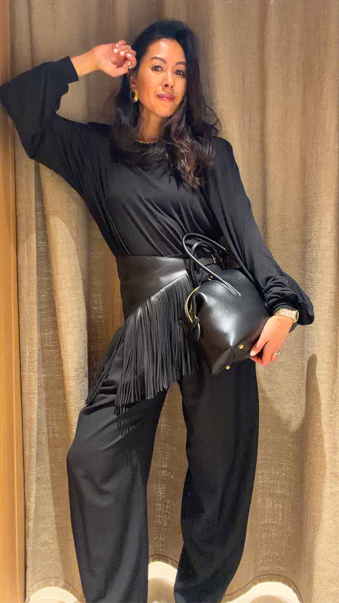 Day to date night dressing.
Mango Coat size small
Shoulder pad top size medium
Cos black trousers size 36/8
Zara loafers 
Prada heels
Demellier Stockholm bag 
Soru earrings and necklace 
Beaverbrooks gold hoops
Black tassel belt size 30 

#LTKstyletip #LTKVideo #LTKbeauty
