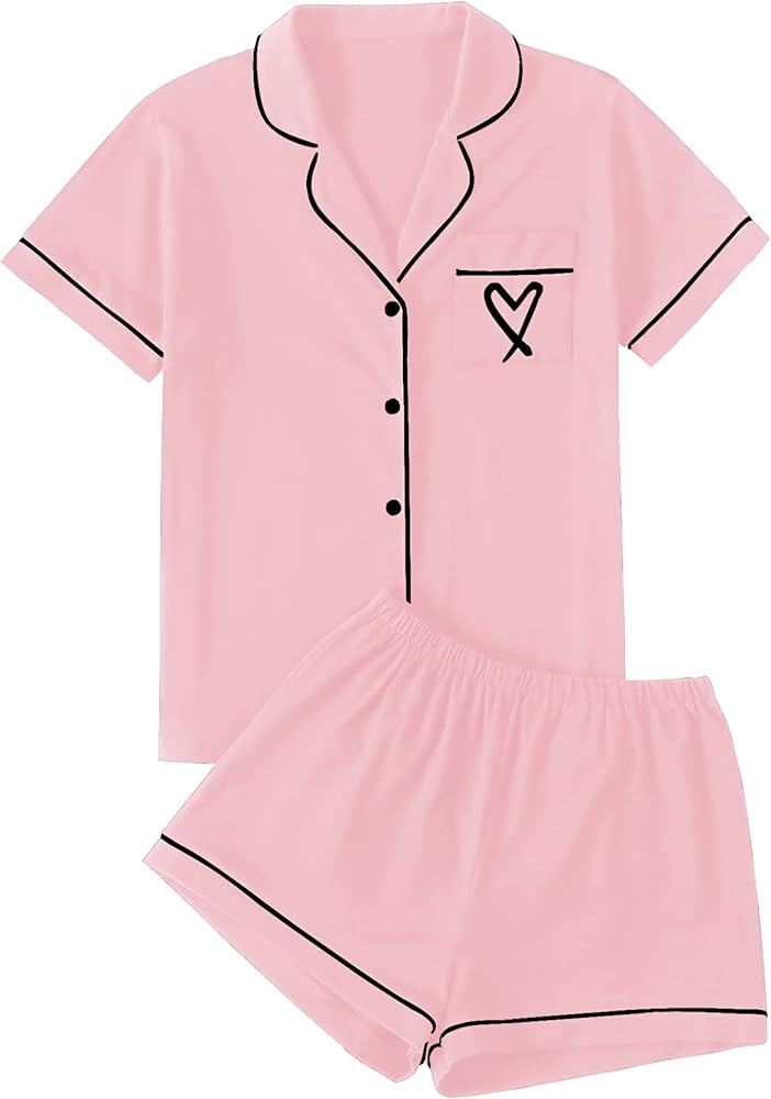 LYANER Women's Pajamas Set Heart Print Button Short Sleeve Shirt with Shorts Sleepwear PJs Set | Amazon (US)