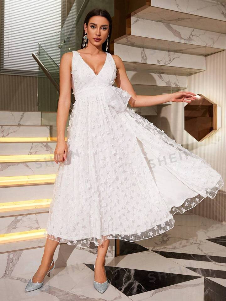 Double Crazy Women's 3d Floral Applique Sheer Mesh Party Dress | SHEIN