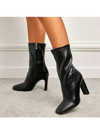 Women Stylish PU Leather Square Toe Chunky Ankle Boots, Beige Go Go Boots, Winter Boots, Christma... | SHEIN