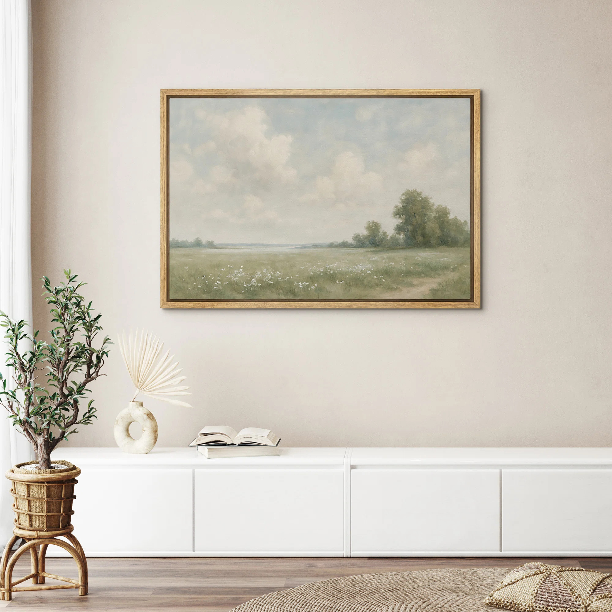 Vintage Meadow Landscape Field Cottagecore Decor - Framed Canvas Wall Art Print | Wayfair North America