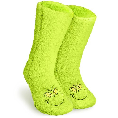 The Grinch Slipper Socks for Women Men Teens, Fuzzy Warm Winter Christmas Socks Non Slip Stocking Stuffers Xmas Secret Santa Gifts (Green, 6-11 US) | Amazon (US)