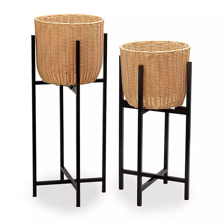 New! Woven Rattan Planters with Metal Stands, Set of 2 | Kirklands