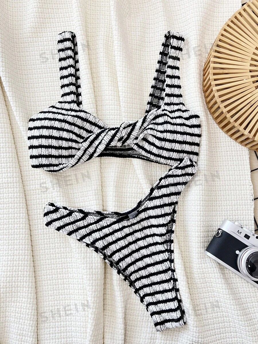 Striped Two-Piece Swimsuit Set, Twist Bikini Swimwear Bathing Suit Beach Outfit Summer Vacation | SHEIN