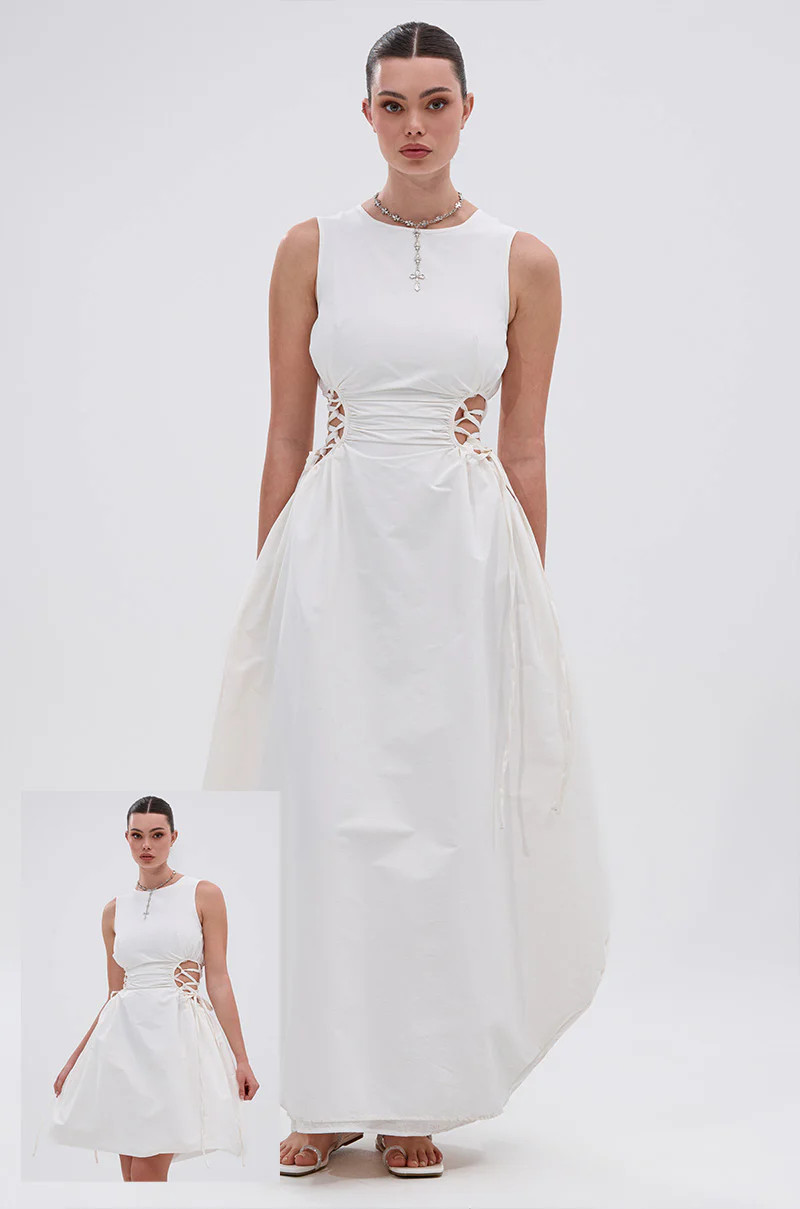 ALINA LACE UP DETAIL MAXI DRESS IN WHITE | AKIRA