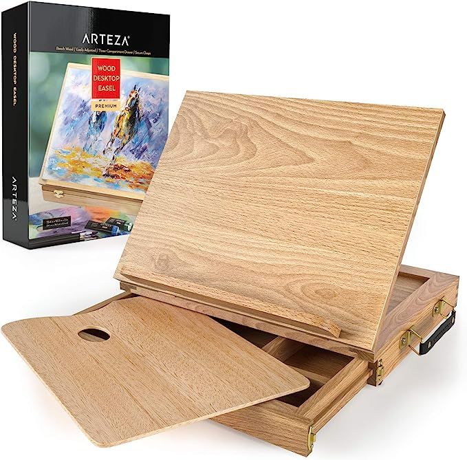 Arteza Tabletop Easel, 13.4 x 10.3 x 2 Inches, Portable Beechwood Easel Box with 3-Compartment Dr... | Amazon (US)