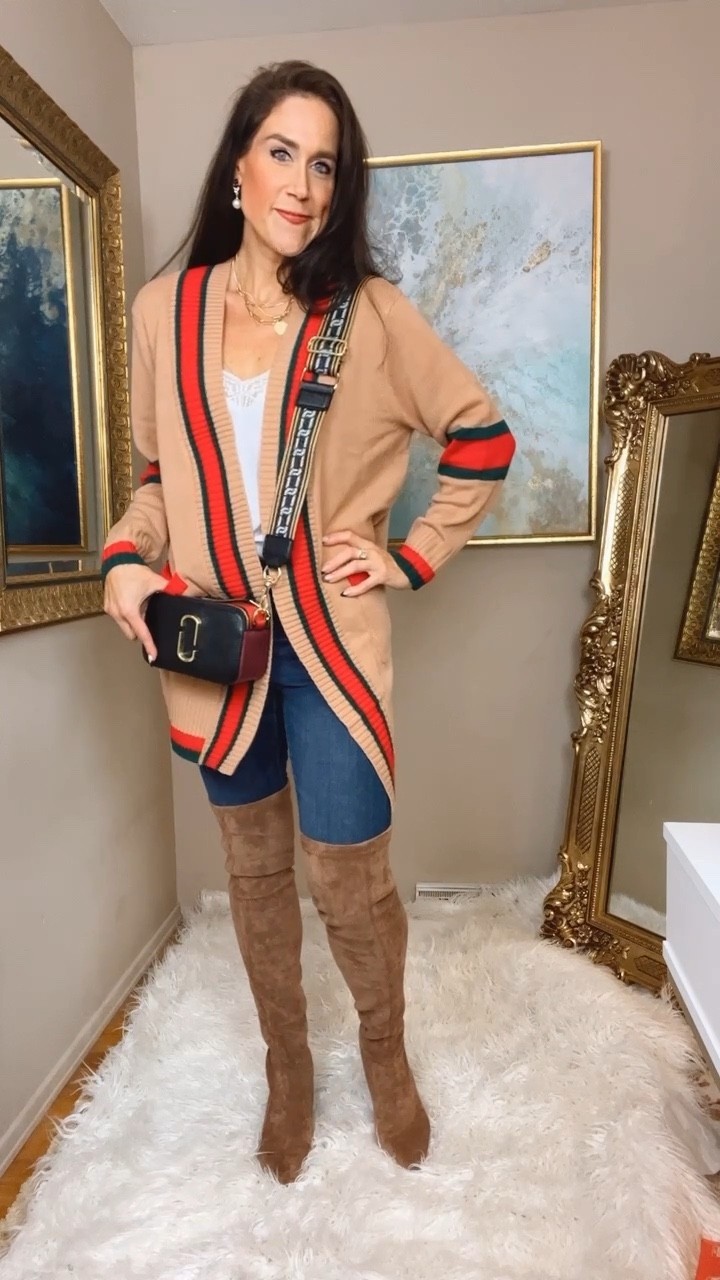 How to look like you spent a lot, without actually having to. 💃🏻✅ Follow me for more fashion and life lessons.🤣 
Obsessed with this cardigan and over the knee boots. And these jeans are my go-to…and did you see this bag with the strap?!😍

#founditonamazon #amazonfashion

#LTKCyberweek #amazonfinds #ltkfind

#LTKHoliday #LTKFind #LTKSeasonal