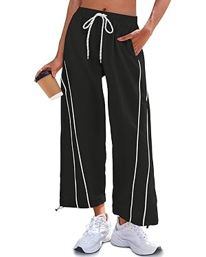 Fisoew Womens Baggy Wide Leg Pants Casual Elastic Waist Drawstring Hiking Workout Cropped Pants w... | Amazon (US)