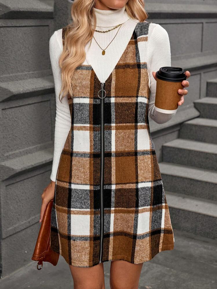 LanaWest Women's Plaid V-Neck Zip-Up Sleeveless Dress, Fall/Winter | SHEIN