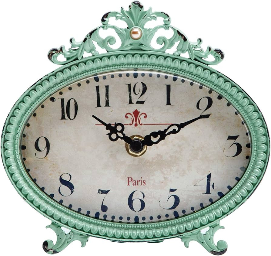 Amazon.com: NIKKY HOME Vintage Table Clock, French Turquoise Color Rococo Style Desk Clock Batter... | Amazon (US)