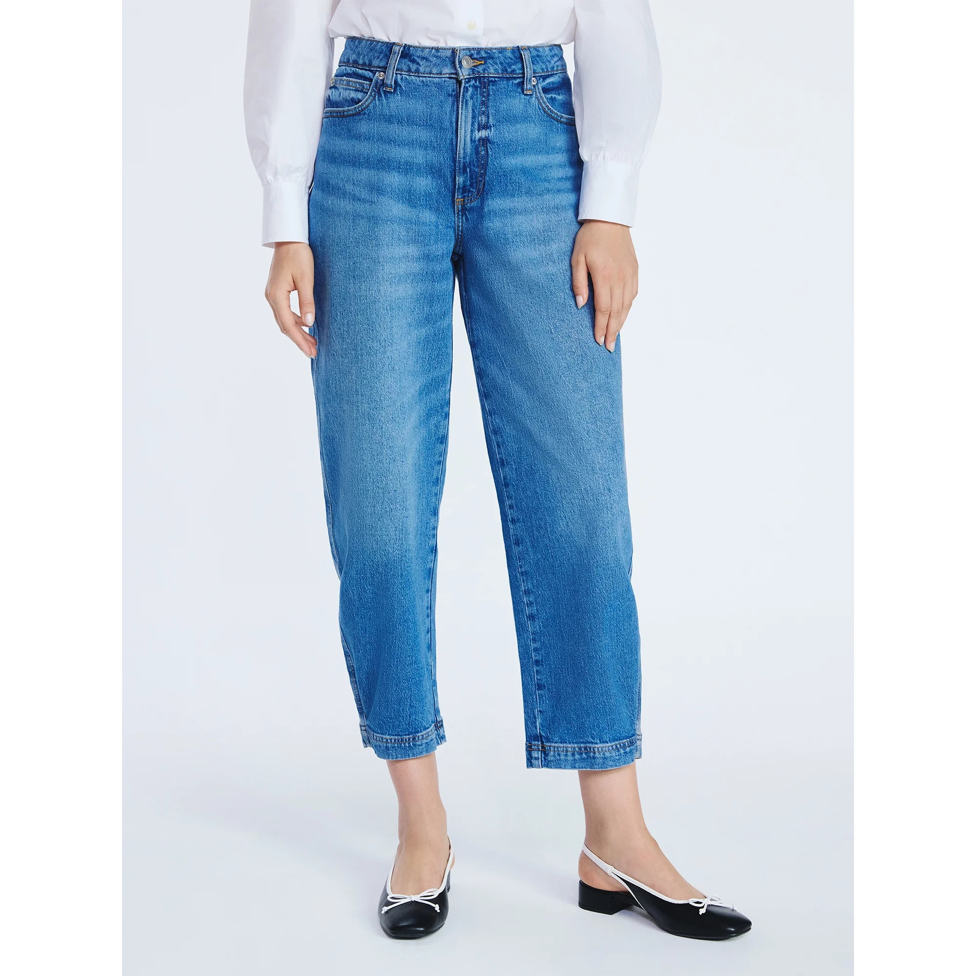 Free Assembly Women's Mid Rise Wide Hem Barrel Jeans, 28" Inseam, Sizes 0-20 | Walmart (US)