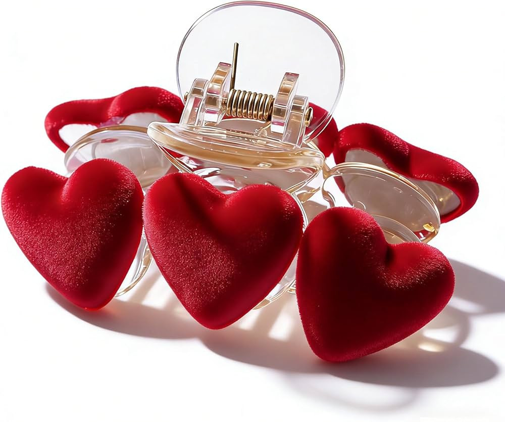 Valentine's Day Hair Claw Clip - Red Velvet Heart Hair Claw with 3 Hearts, Strong Hold Hair Clips... | Amazon (US)