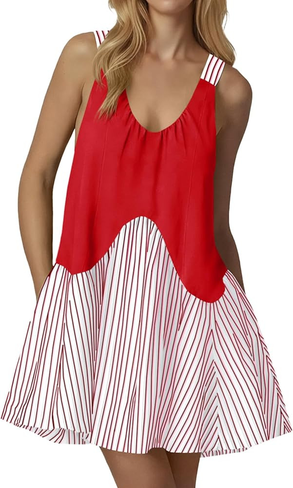 Fisoew Womens Sleeveless Tank Mini Dress Summer Casual V Neck Striped Patchwork A Line Workout At... | Amazon (US)