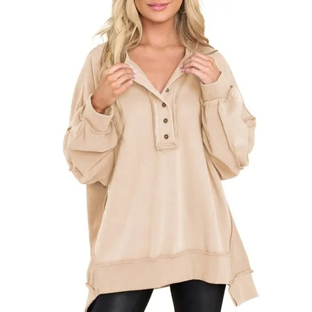 SHEWIN Henley Neck Sweatshirts For Women Oversized Button Down Sweatshirts Autumn Winter Cute Solid Color Patchwork Pullover Tunic Tops Apricot | Walmart (US)