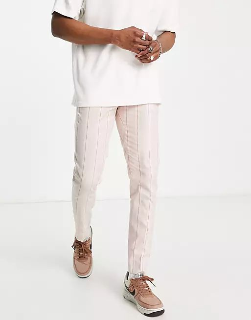 ASOS DESIGN smart linen mix skinny pants in pink wide stripe | ASOS (Global)
