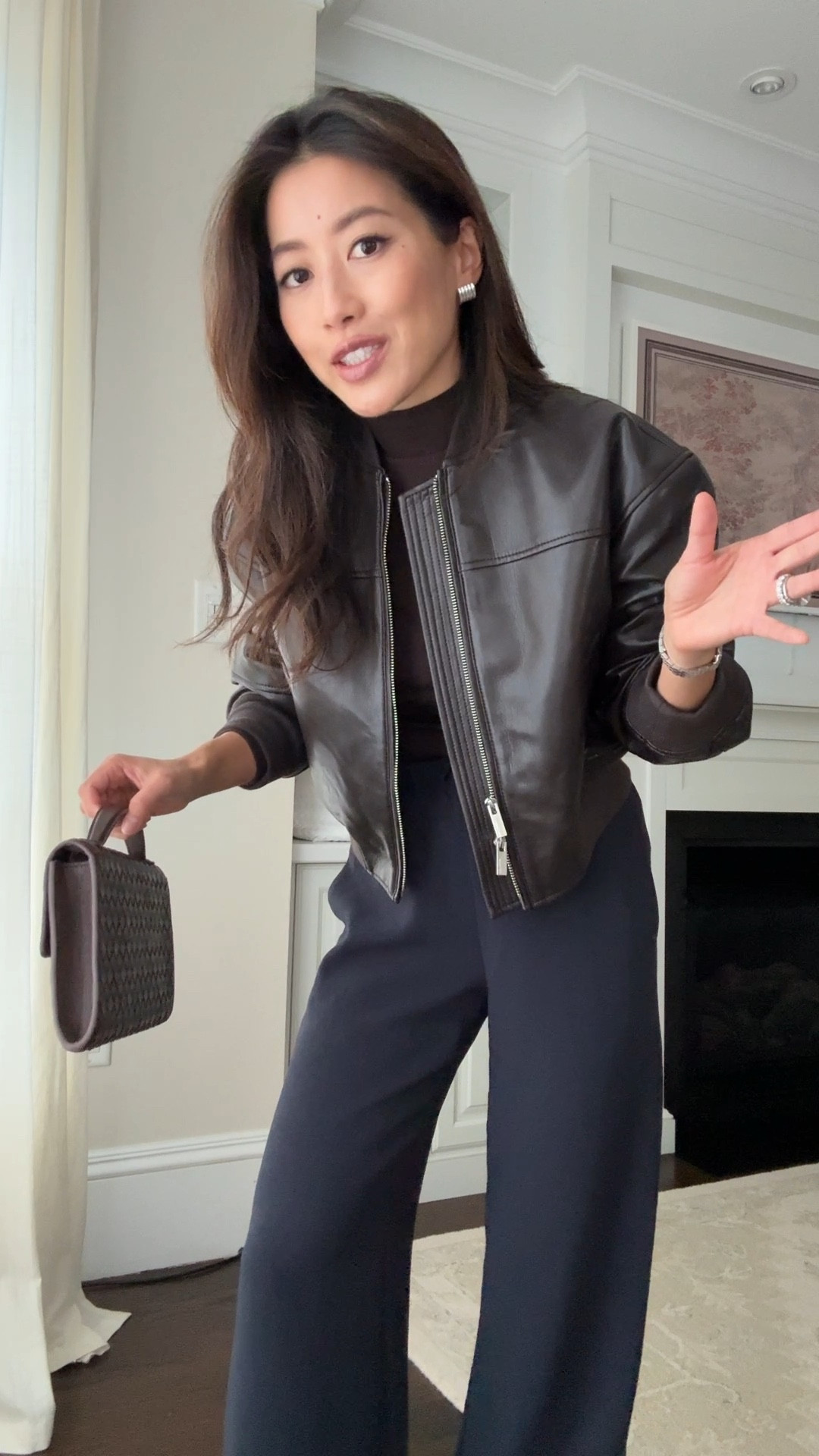 Always feel so chic in this jacket! I wear it the most with jeans 

• Aritzia faux leather bomber jacket 2XS . Def had a structured edgier shape to it so only if you like that. I absolutely LOVE this personally , feels edgy and petite friendly and gets lots of compliments 

• Aritzia lodge trousers 2XS short these are amazing! Drapey fluid fabric that isn’t thin , stretch waist, wrinkle resistant, perfect short length I can wear with flats.

• Old ribbed mockneck top - linked current one. I size up to Xs in homestretch tees 

• Madewell dimes boots 5H - runs a little narrow at the toes

• Quince handwoven top handle clutch

Fall outfit, going out girls night , dinner date , elevated mom style, petite friendly

#LTKPetite #LTKStyleTip #LTKSeasonal