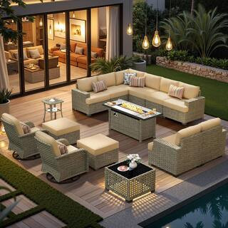 Sentinel 15-Pieces Wicker Outdoor Patio 54 in. Rectangular Fire Pit Set and Swivel Rocking Chairs with Beige Cushions | The Home Depot
