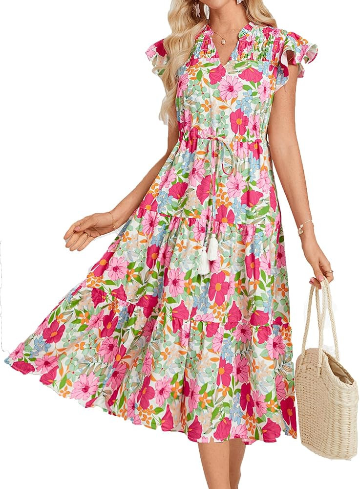 GRACE KARIN Womens Summer Floral Midi Dresses Short Sleeve Beach Wedding Guest Dress Drawstring L... | Amazon (US)