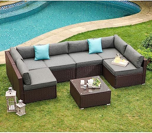 COSIEST 7-Piece Outdoor Patio Furniture Chocolate Brown Wicker Executive Sectional Sofa w Dark Gr... | Amazon (US)