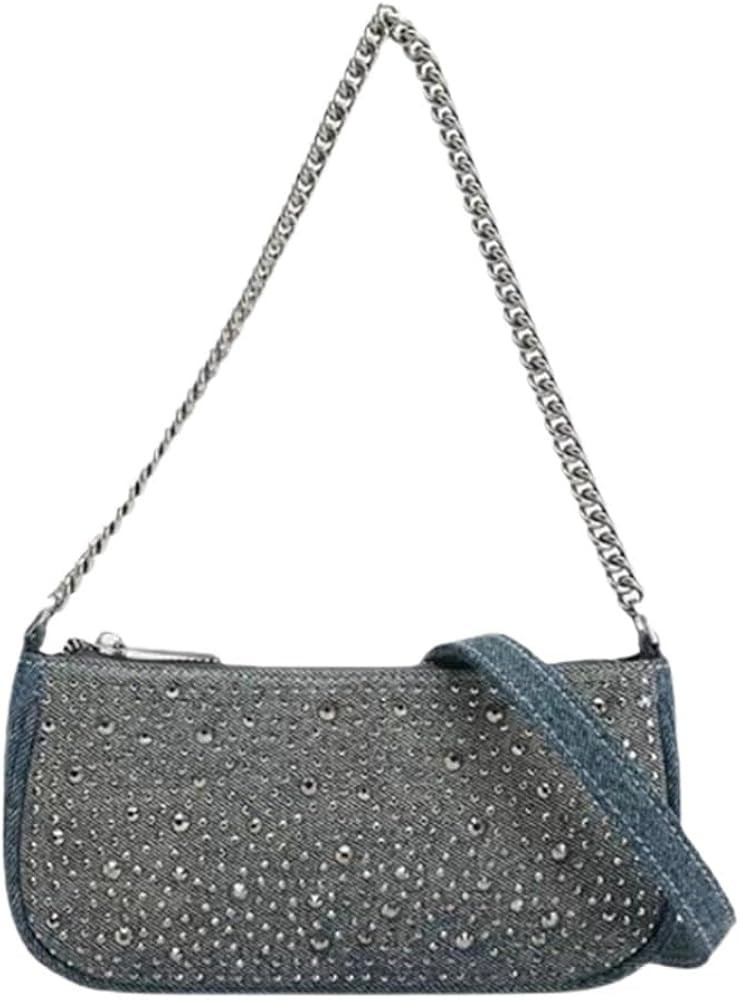 Women's Denim Hot Diamond Chain Shoulder Bag Denim Armpit Mini Bag | Amazon (US)