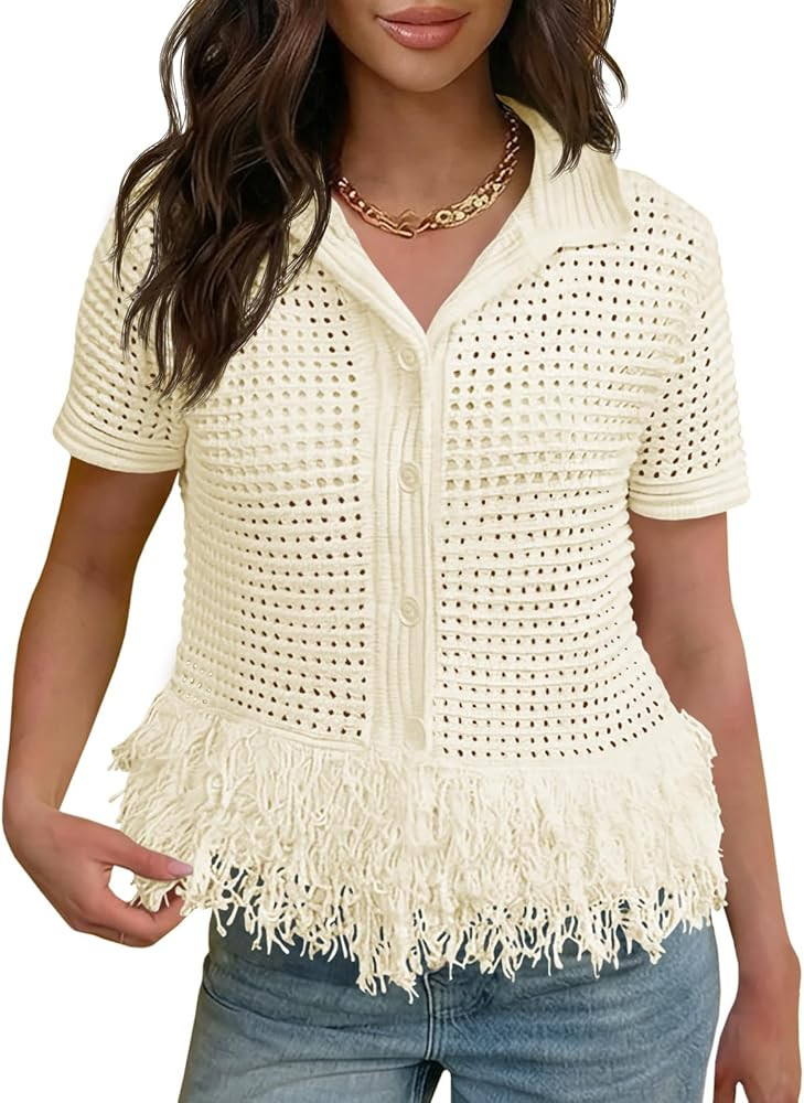 Fisoew Womens Crochet Cardigan Short Sleeve Fringe Collared Button Up Sweater Tops Boho 2026 Summ... | Amazon (US)