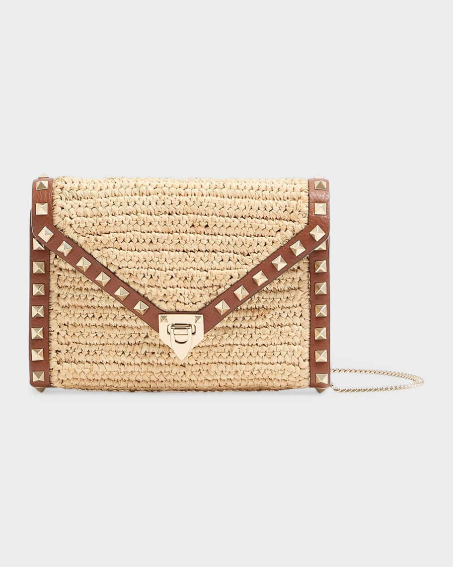 Valentino Garavani Mini Rockstud Raffia Leather-Trim Shoulder Bag | Neiman Marcus