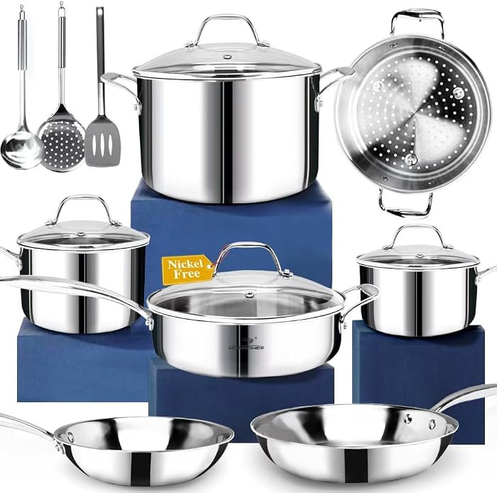 HOMICHEF 14-Piece Nickel Free Stainless Steel Cookware Set Whole-Clad 3-Ply - Mirror Polished Pot... | Amazon (US)