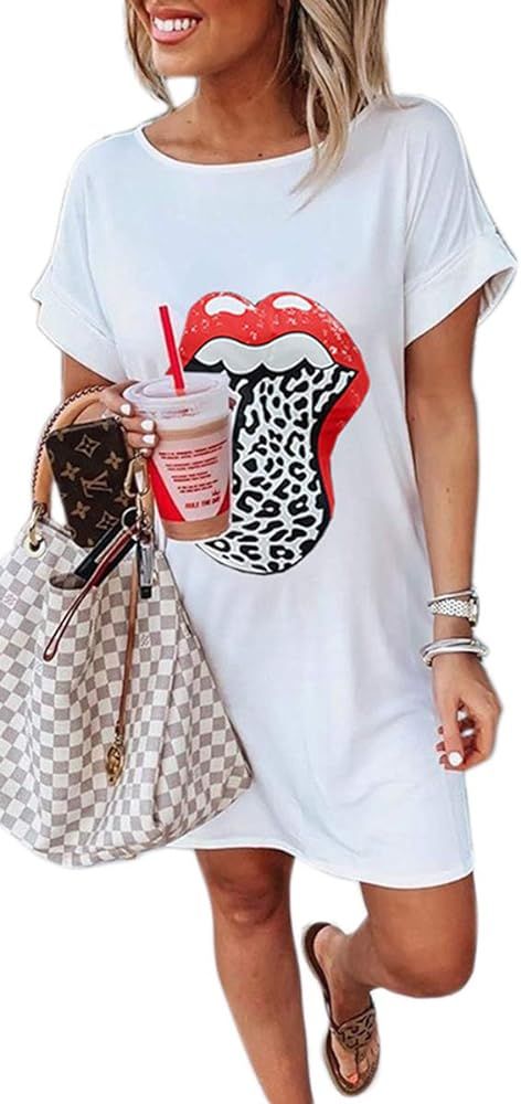 Women Summer Fashion Red Lips Graphic Tshirt Dresses Leopard Tongue Graphic O-Neck Short Sleeve M... | Amazon (US)